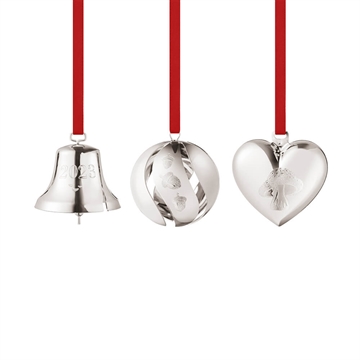 Georg Jensen 2023 gavesett, bjelle, ball, hjerte, 3 stk. - Sølv med rødt bånd